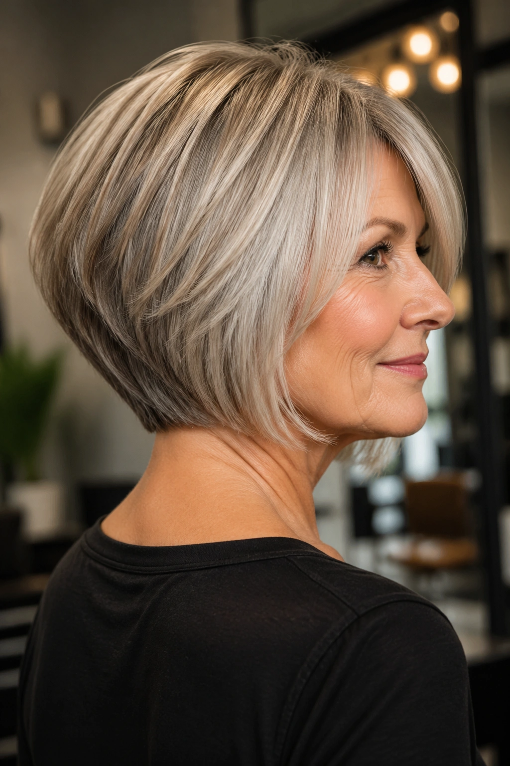 Close-up portrait of a real woman with a graduated bob and lifted back.
