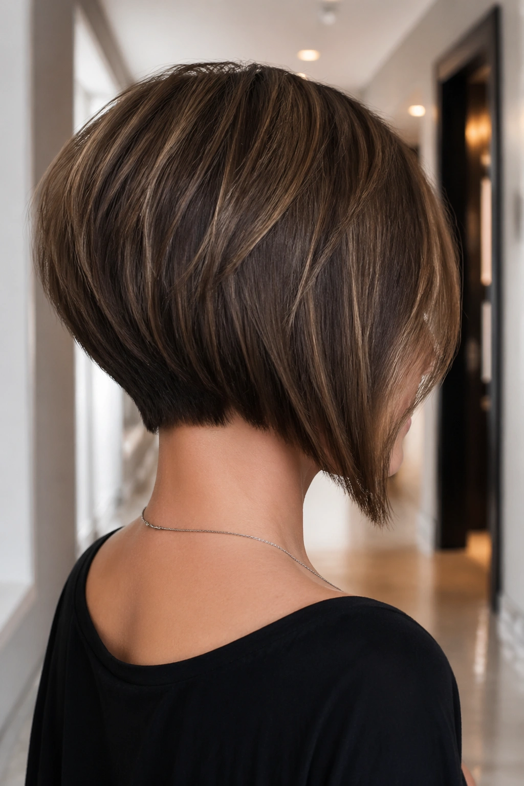 Real person with graduated bob, profile view