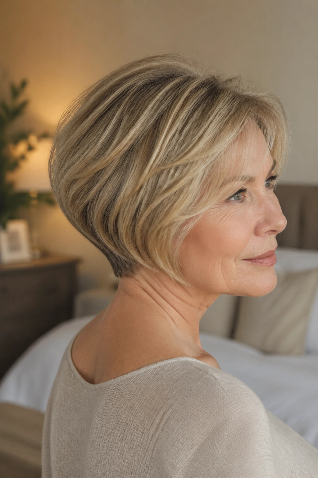 Real woman with graduated bob showing nape taper and crown lift