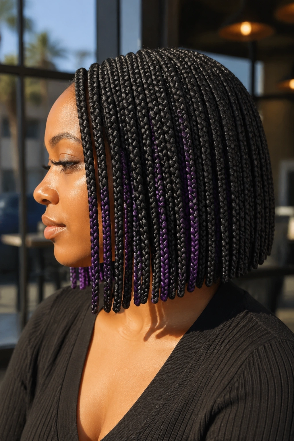 Real woman with blunt bob box braids showing grape peekaboo color at the edge