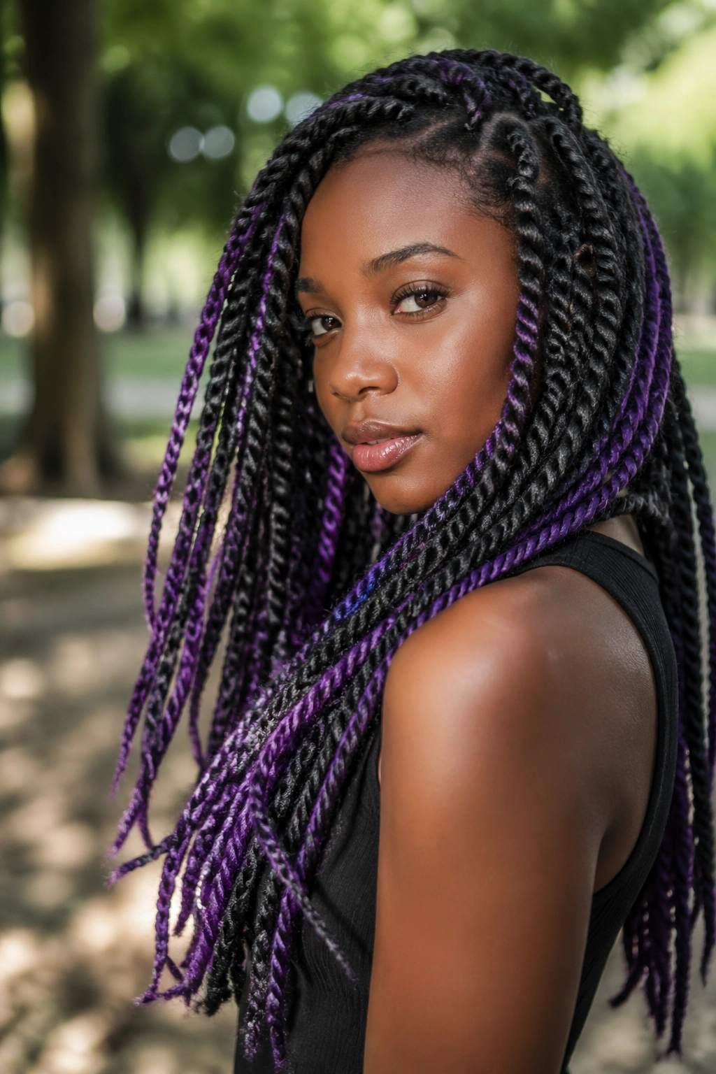 Close-up portrait of a real woman with graphite base twists and violet accents.