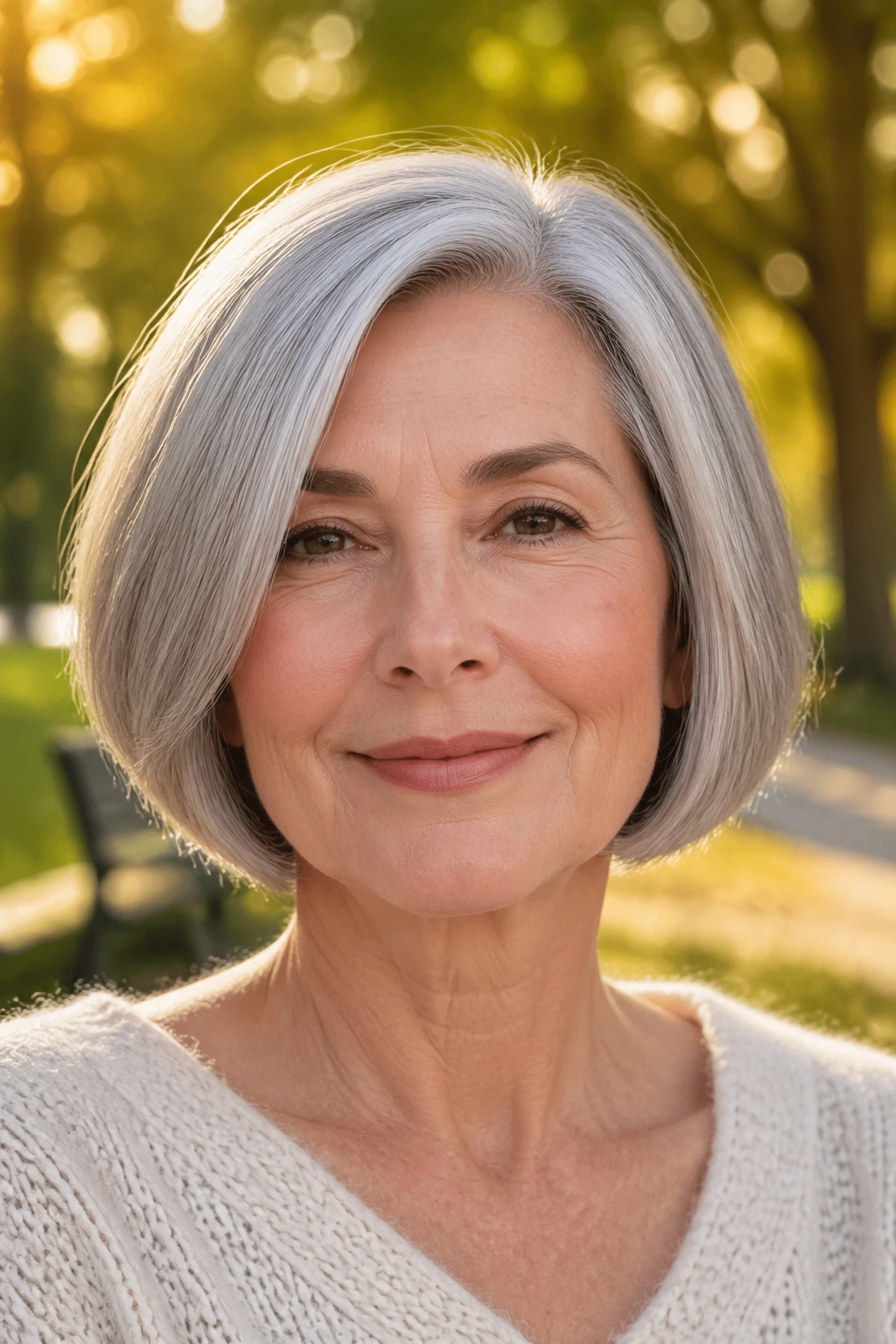 Close-up portrait of a real woman with a natural gray bob.