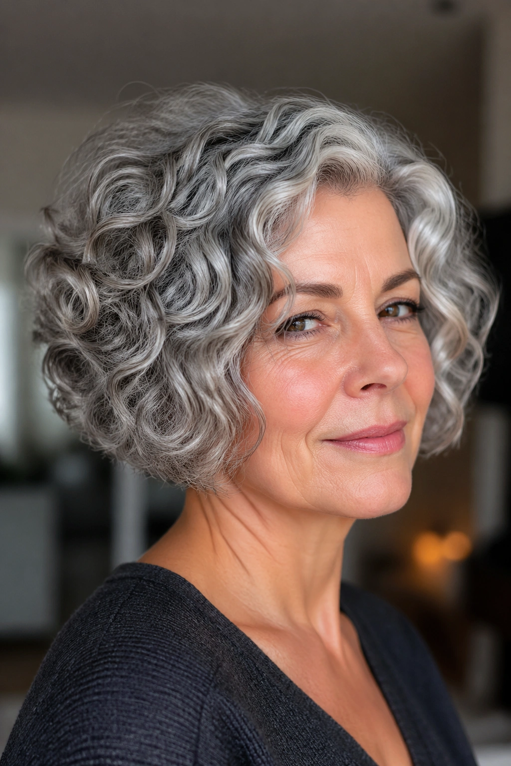 Close-up portrait of a real person with a curly inverted bob in natural gray under warm window light