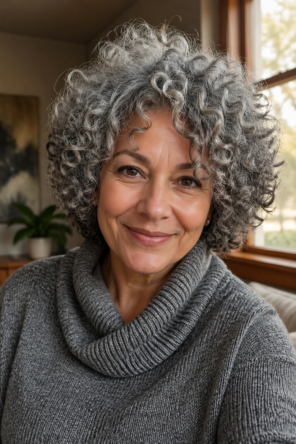 Close-up of a real woman with natural gray curls in a rounded shape, warm window daylight.