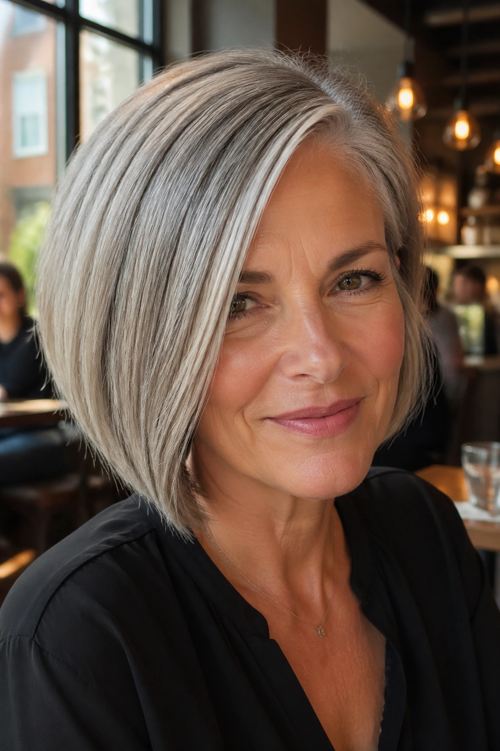 Real woman with asymmetrical bob and deep side part in gray hair in a chic cafe setting.