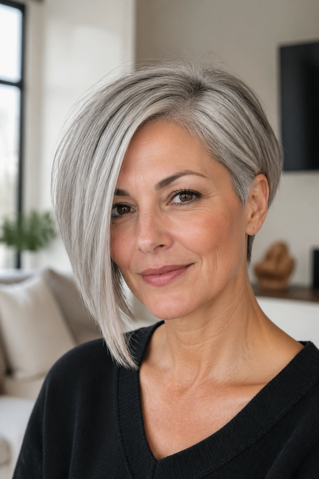 Gray-haired woman with asymmetrical haircut showing diagonal front line