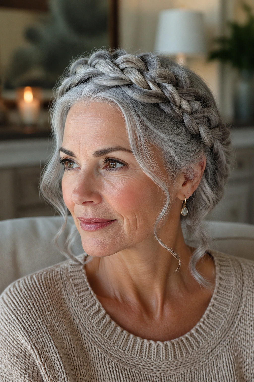 Close-up portrait of a real woman with gray hair styled in a braided crown