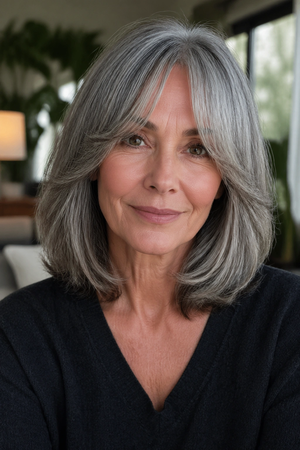 Close-up of a real woman with shoulder-length gray hair and curtain bangs in a sunlit living room.