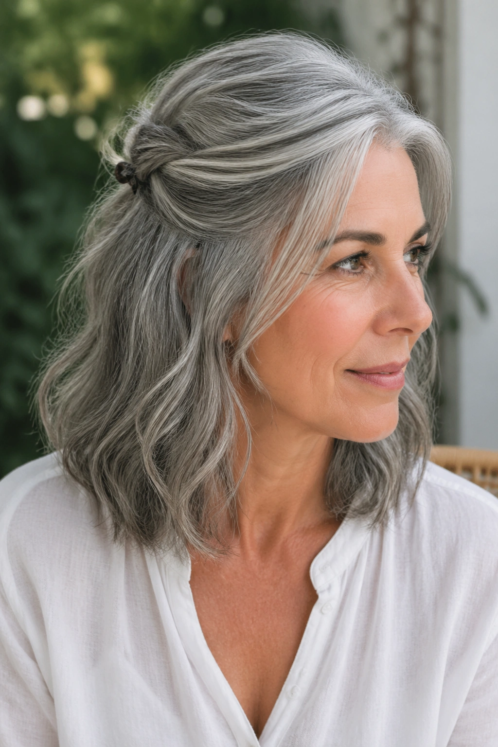 Close-up portrait of a real woman with gray waves and a half-up twist