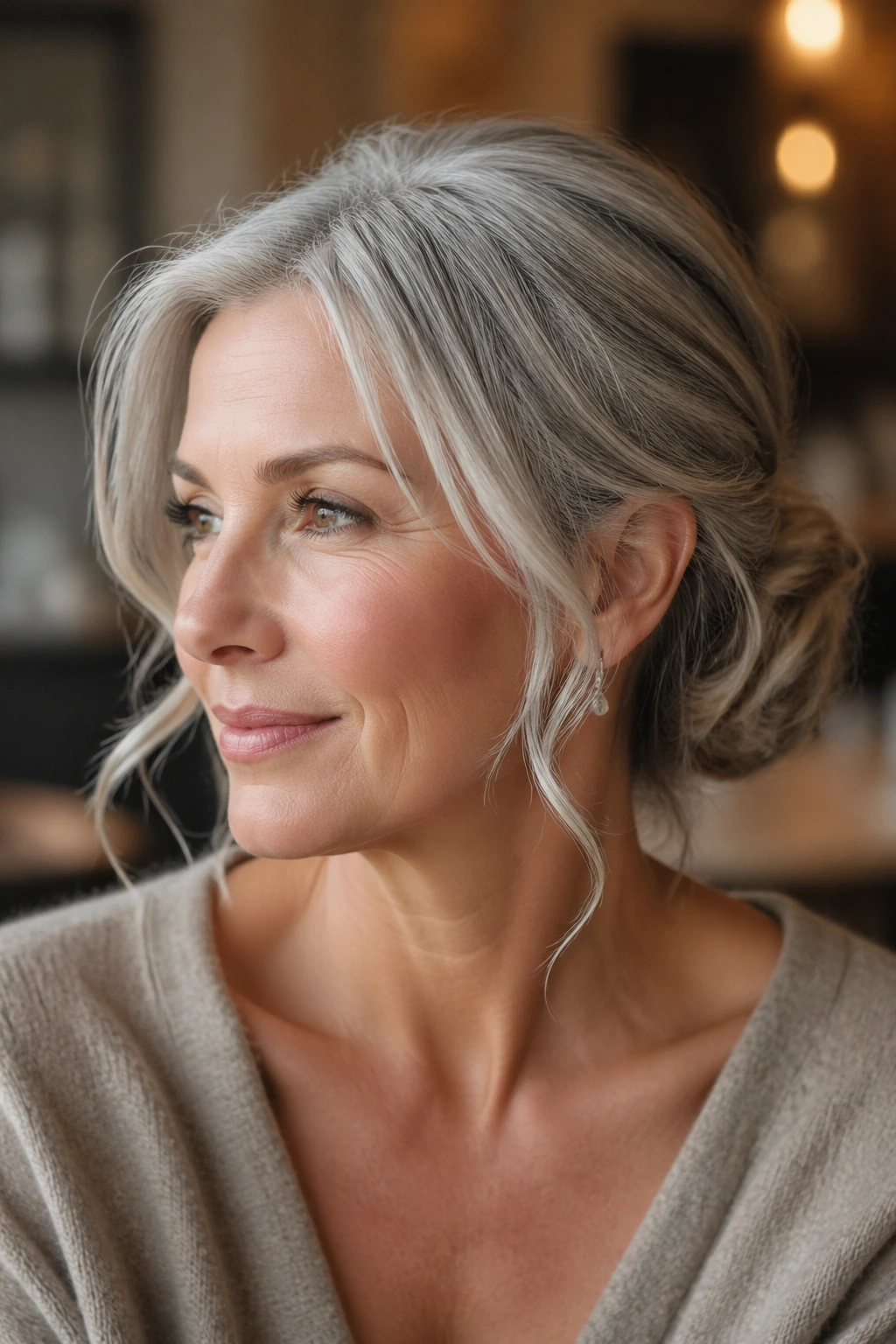 Close-up portrait of a real woman with a low chignon and silver tendrils at temples