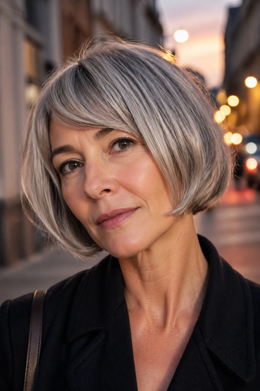 Real woman with modern pageboy revival hairstyle in an urban dusk setting.