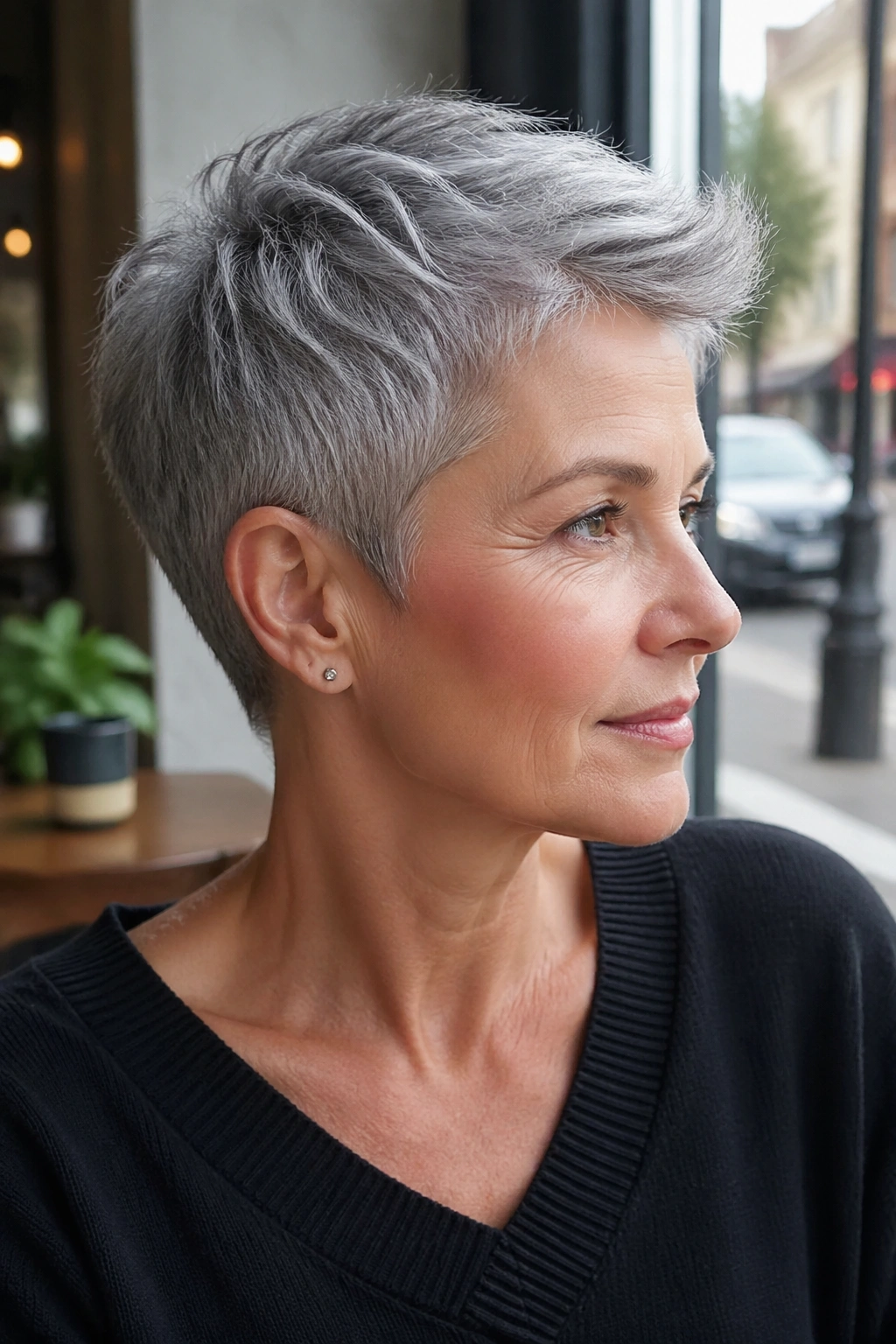 Close-up of a real woman with a tapered nape pixie in gray hair, natural daylight in a cafe.