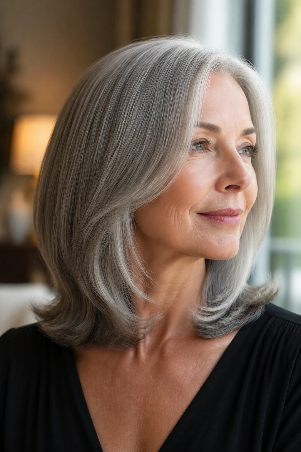 Real woman with gray hair and soft tapered ends