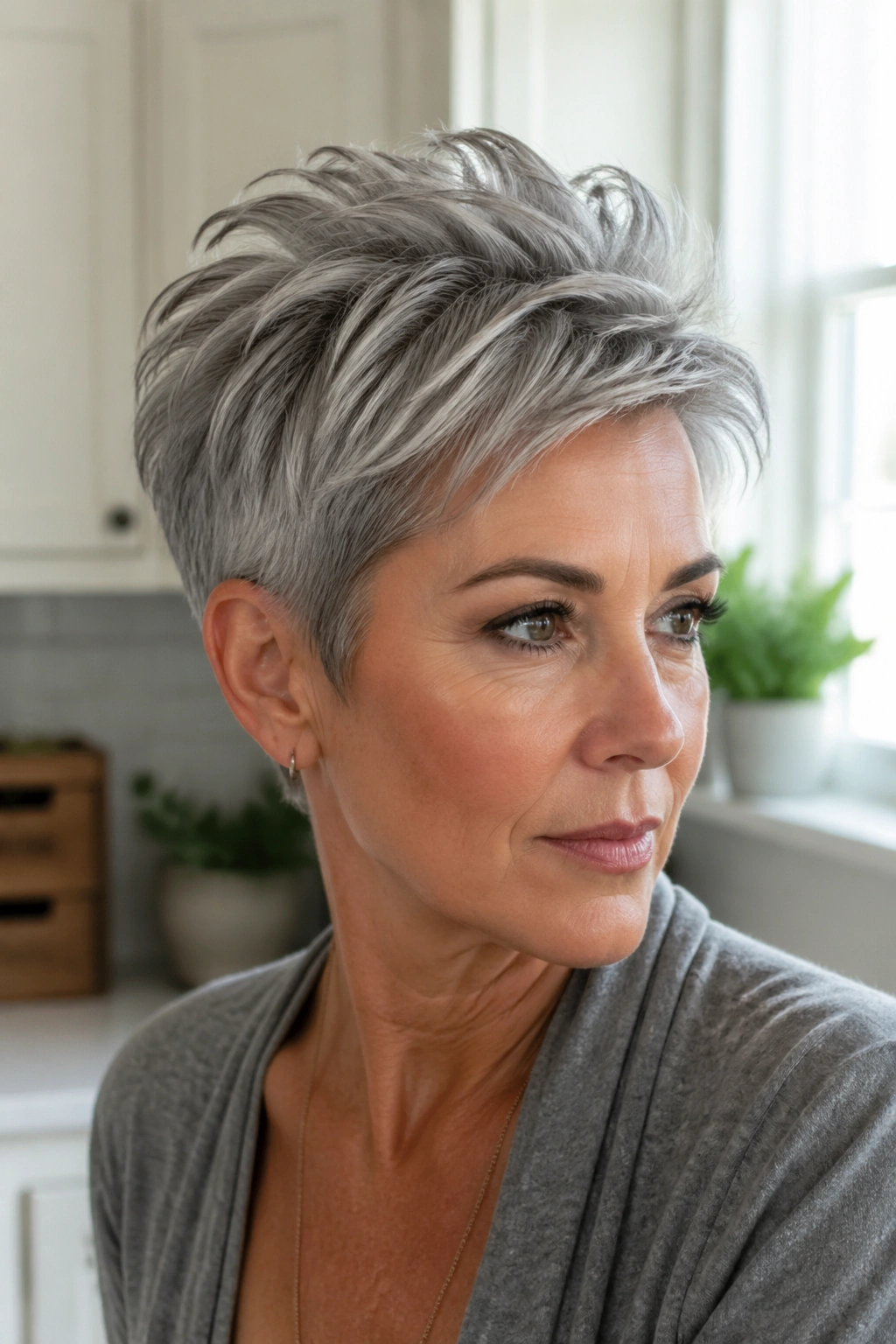Close-up portrait of a real woman with a textured crop and lifted crown in gray hair.