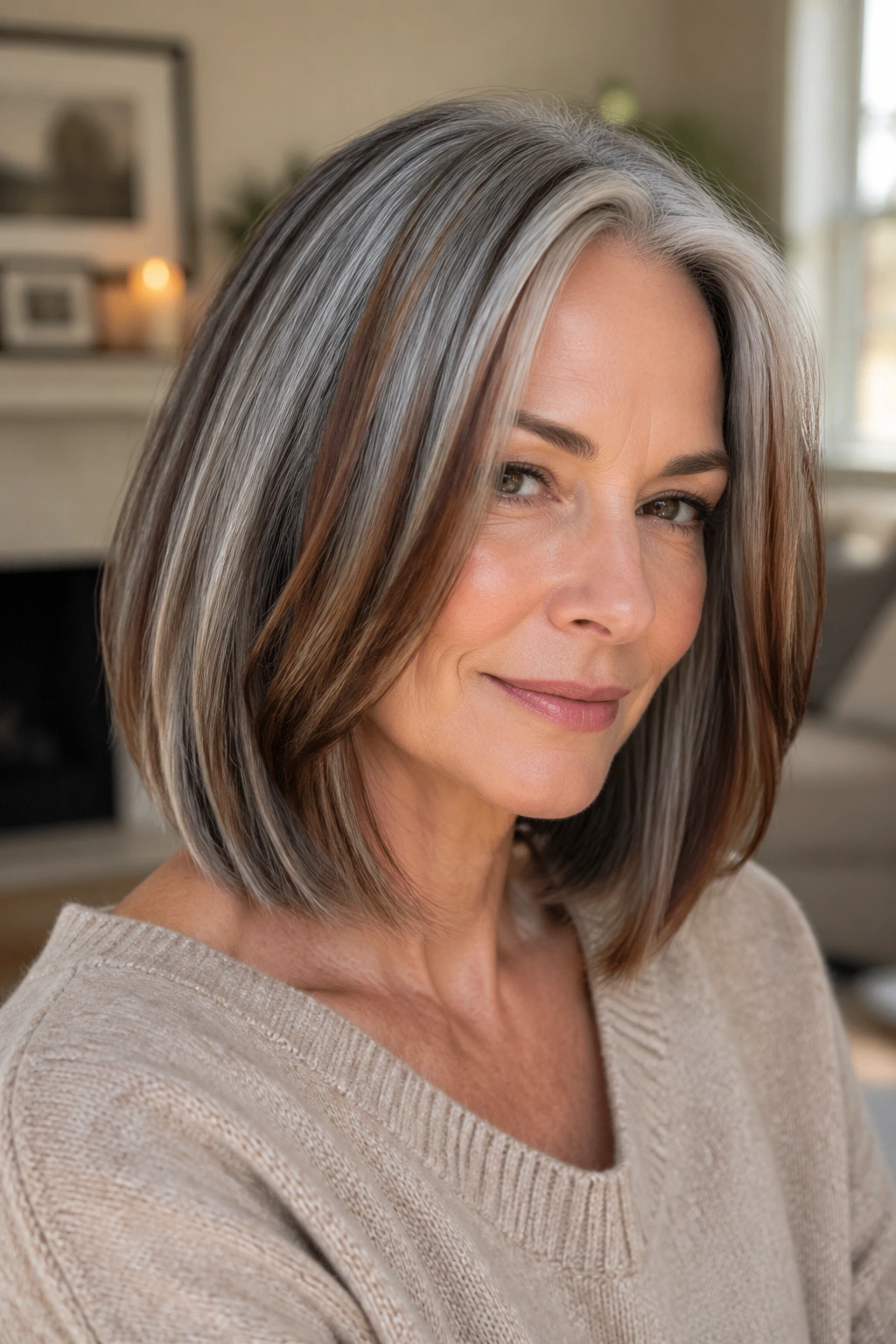 Close-up portrait of a real woman wearing a gray lob with chestnut ribbons.