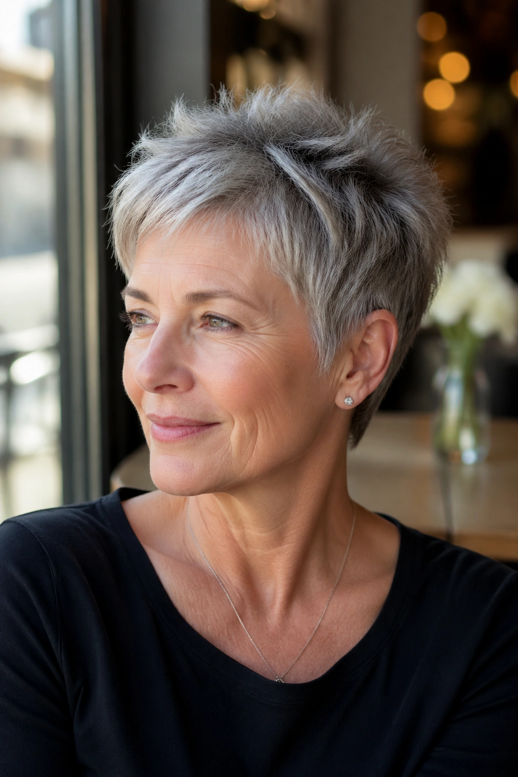 Close-up portrait of a woman with a textured gray pixie haircut.