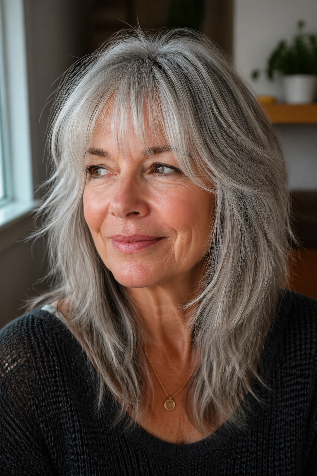 Portrait of a silver-haired woman with gray shag and piecey bangs in daylight