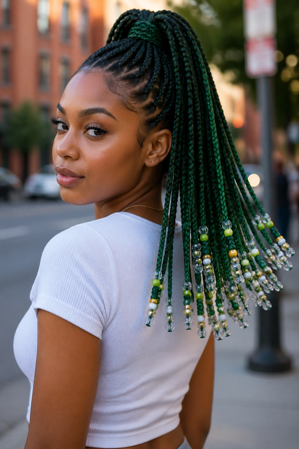 Portrait of a real person with green box braids in a high ponytail with beads