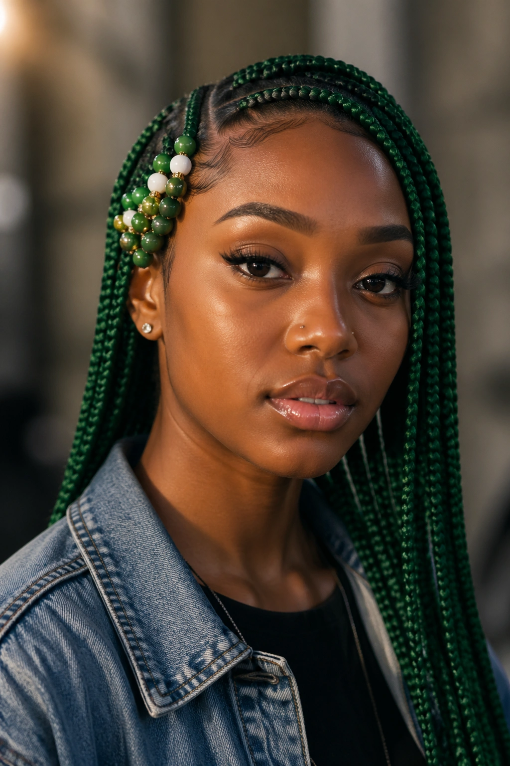 Close-up of green braids with asymmetric bead placement on a real person