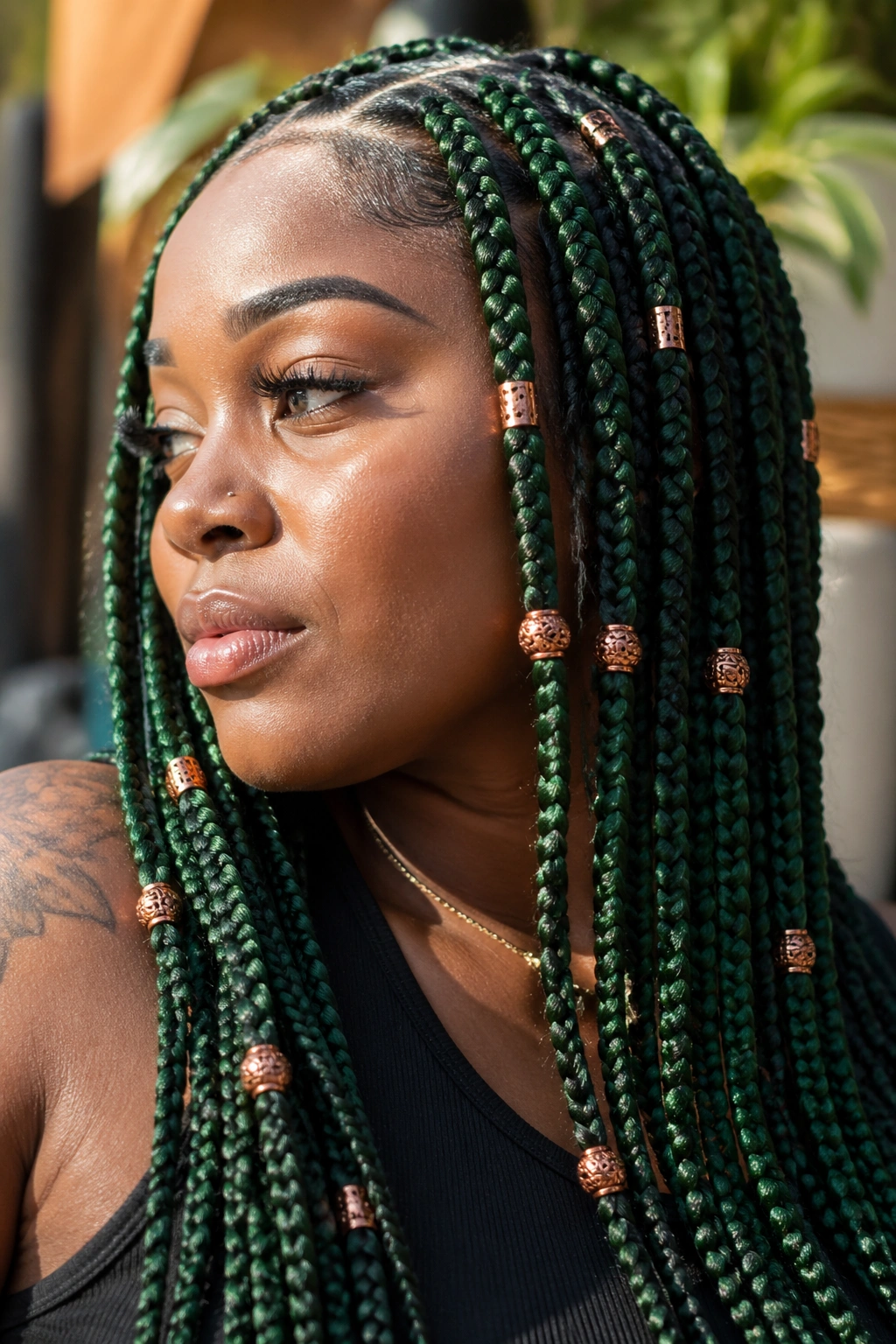 Close-up of green braids with copper beads and cuffs on a real person