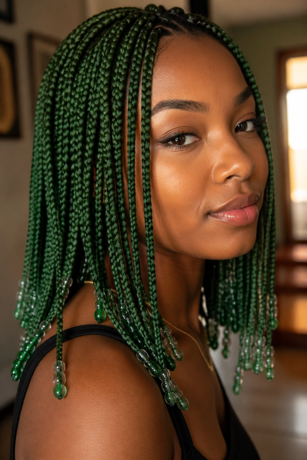 Close-up of a real person with green braids and beads only at the ends