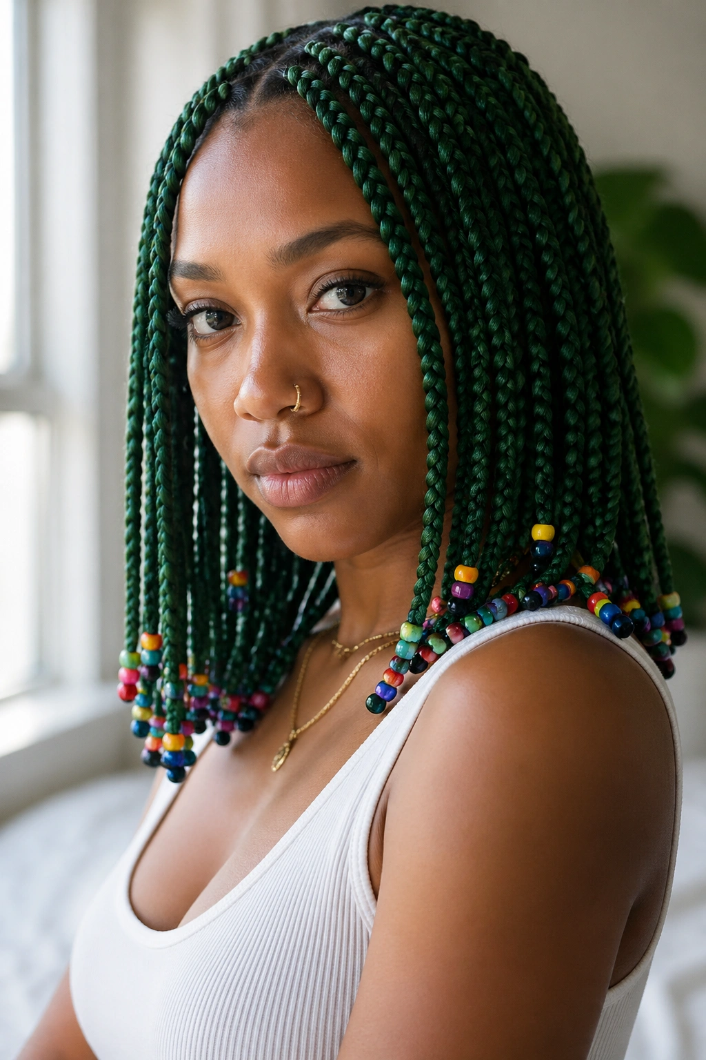 Close-up of green shoulder-length braids with rainbow beads at the ends on a real person