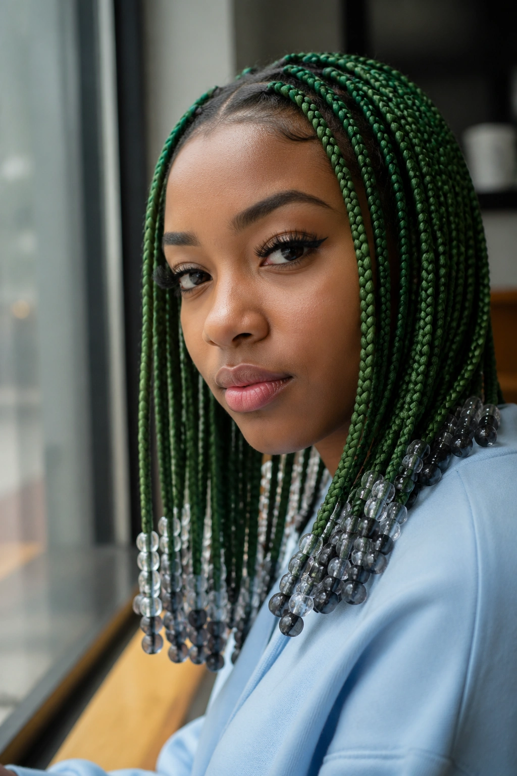 Close-up of green braids with translucent smoke beads on a real person
