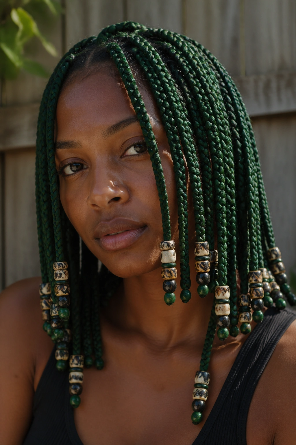 Real person with green box braids and stacked tribal beads at the ends