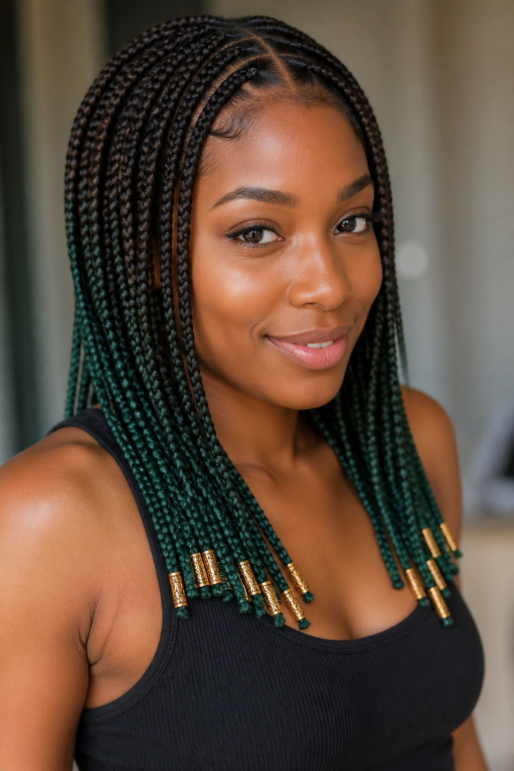 Portrait of a person with green ends and gold cuffs ombre braids