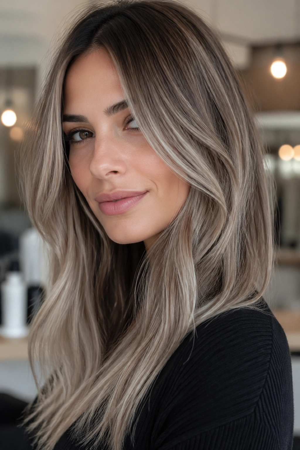 Close-up of a woman with greige blonde melt color featuring gray-beige tones.