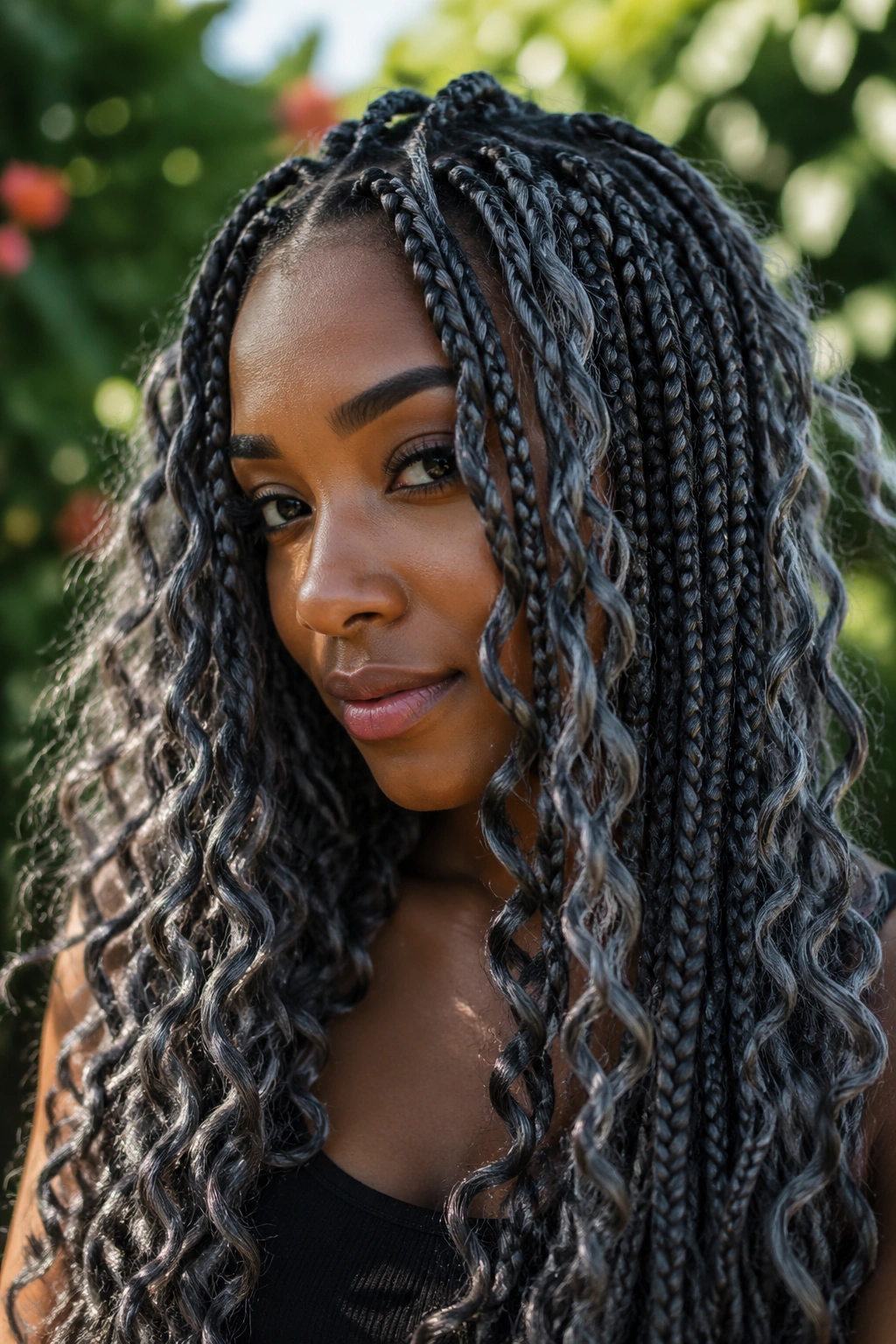 Close-up of grey highlighted boho box braids with curls in a garden setting