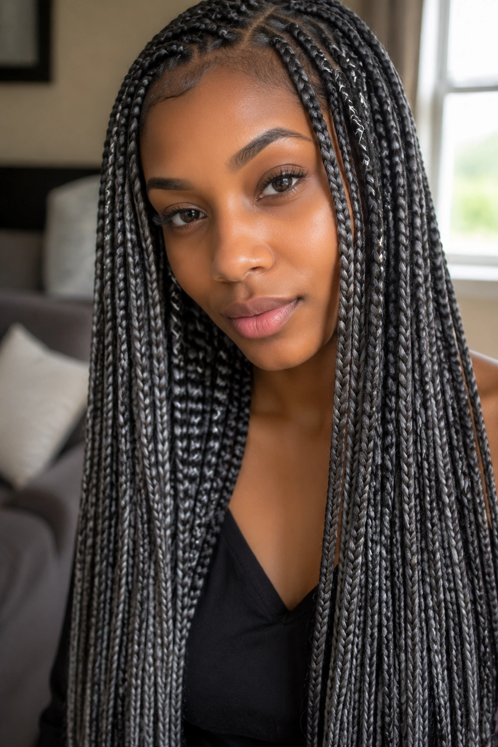 Close-up of waist-length grey box braids with silver threads on a real person in a sunlit living room