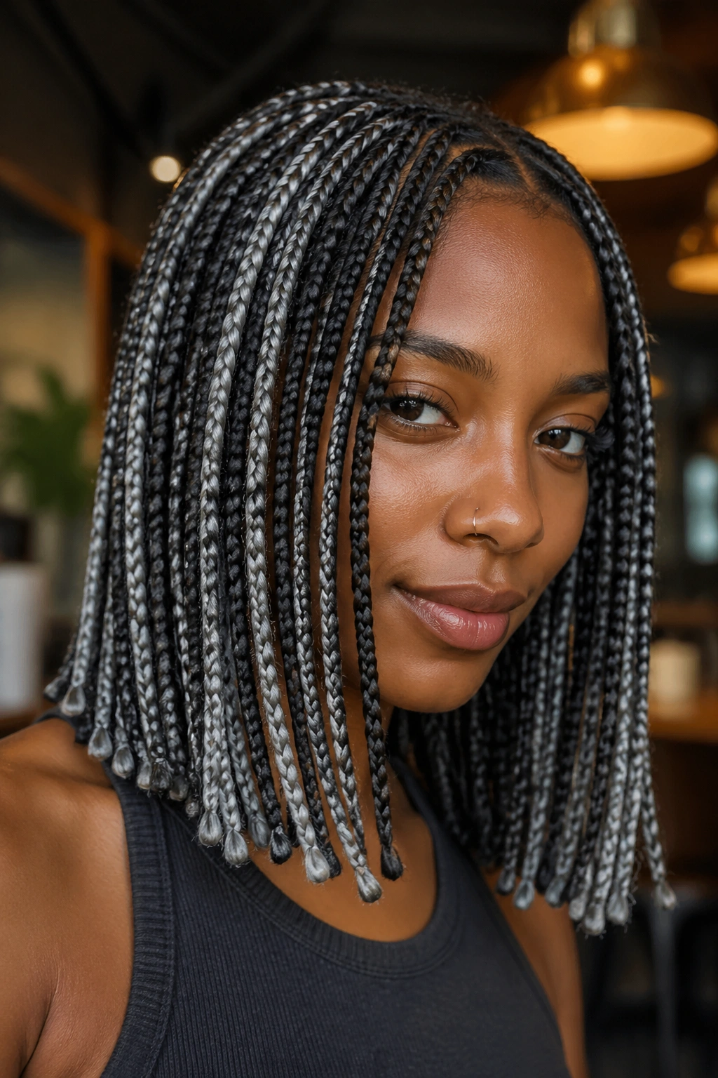 Close-up of shoulder-length grey highlighted box braids with blunt ends on a real person