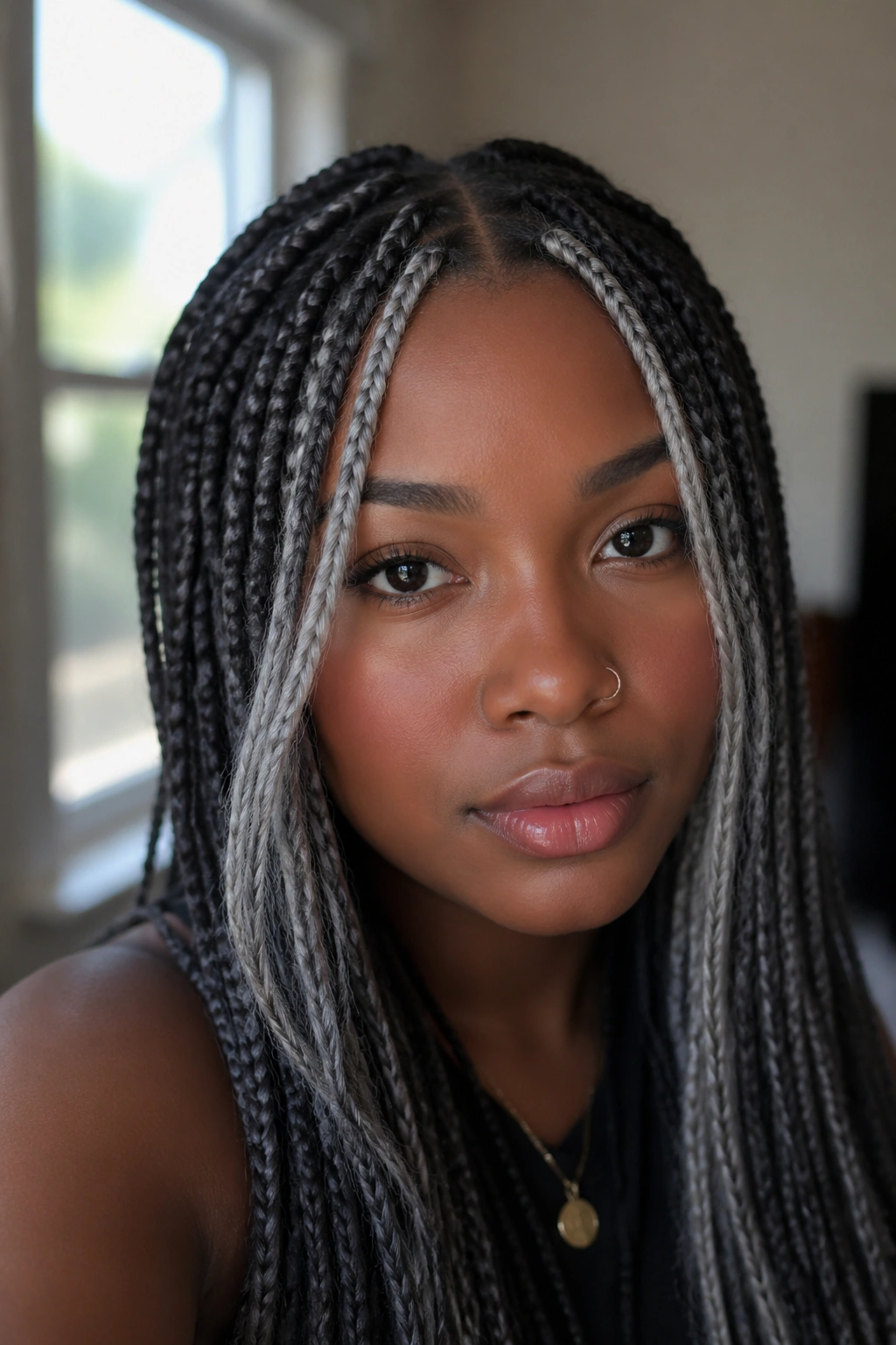 Close-up of grey highlighted box braids with face-framing pieces on a real person
