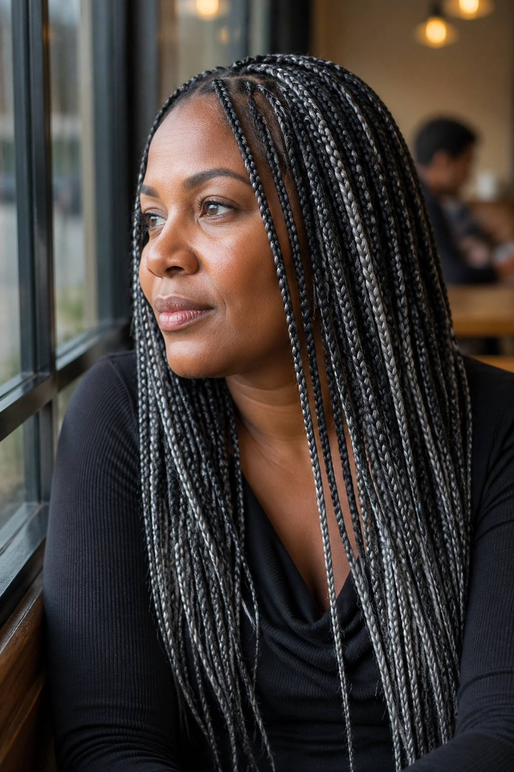 Close-up of a real person with salt-and-pepper grey box braids in a cafe