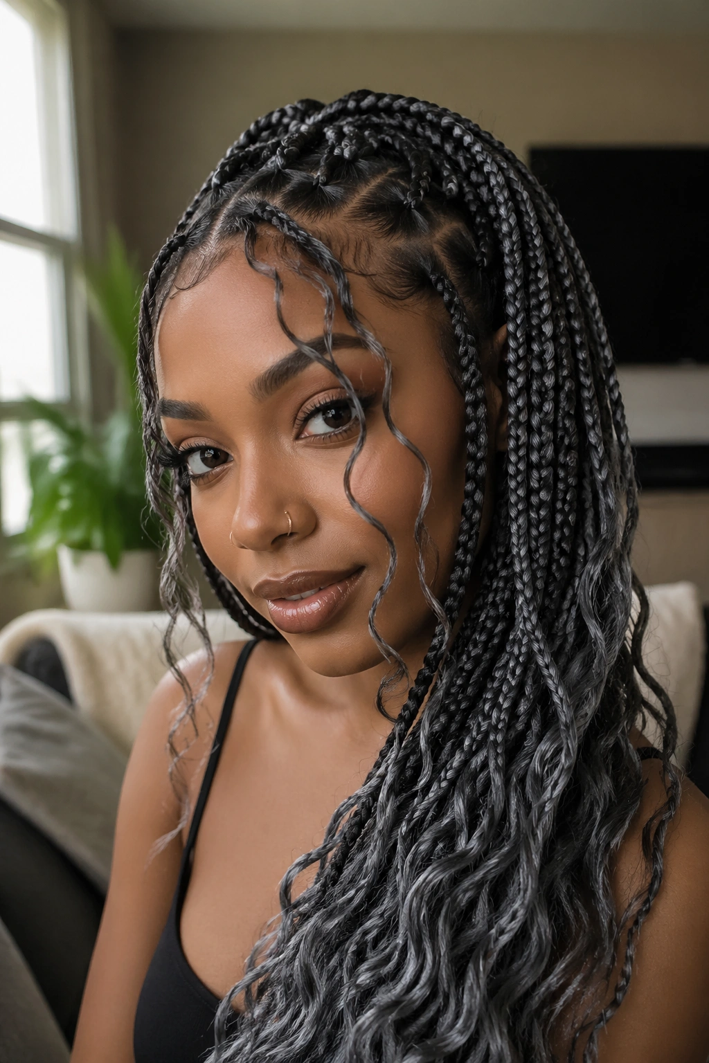 Close-up of a real woman with grey-highlighted goddess box braids framing her face