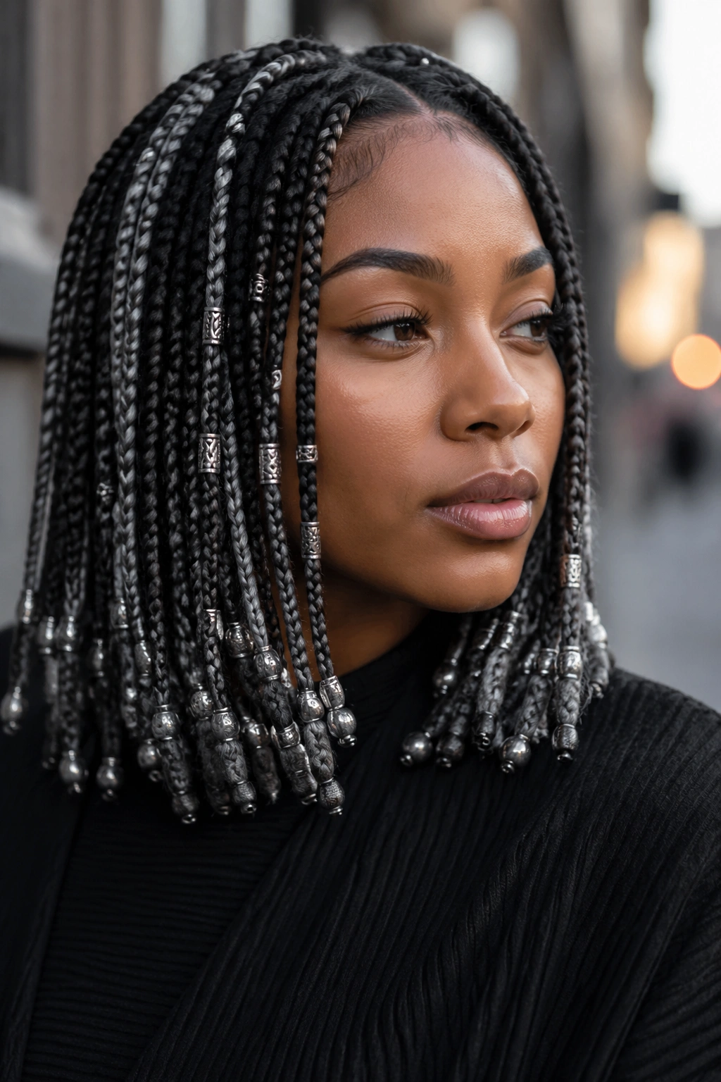 Grey highlighted box braids with beads and cuffs close-up on a real person