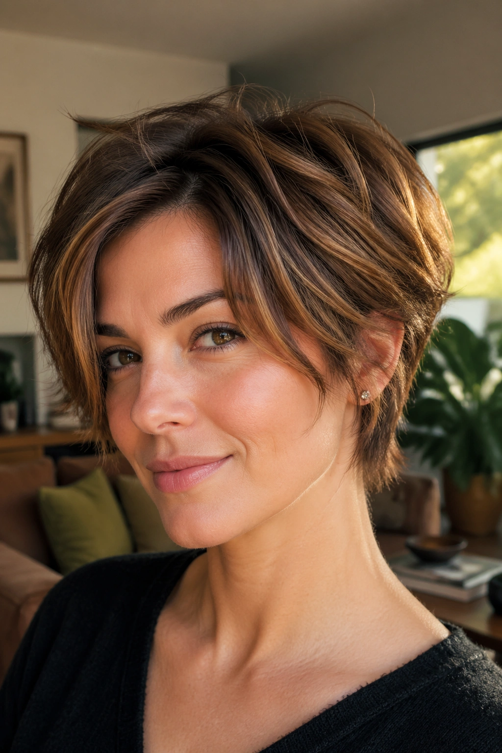 Close-up portrait of a real woman with a Low-Maintenance Grow-Out Bixie in a warm living room setting