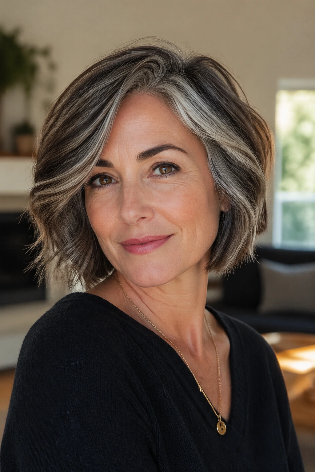 Real woman with grown-out bob showing rooted dimension in natural light.