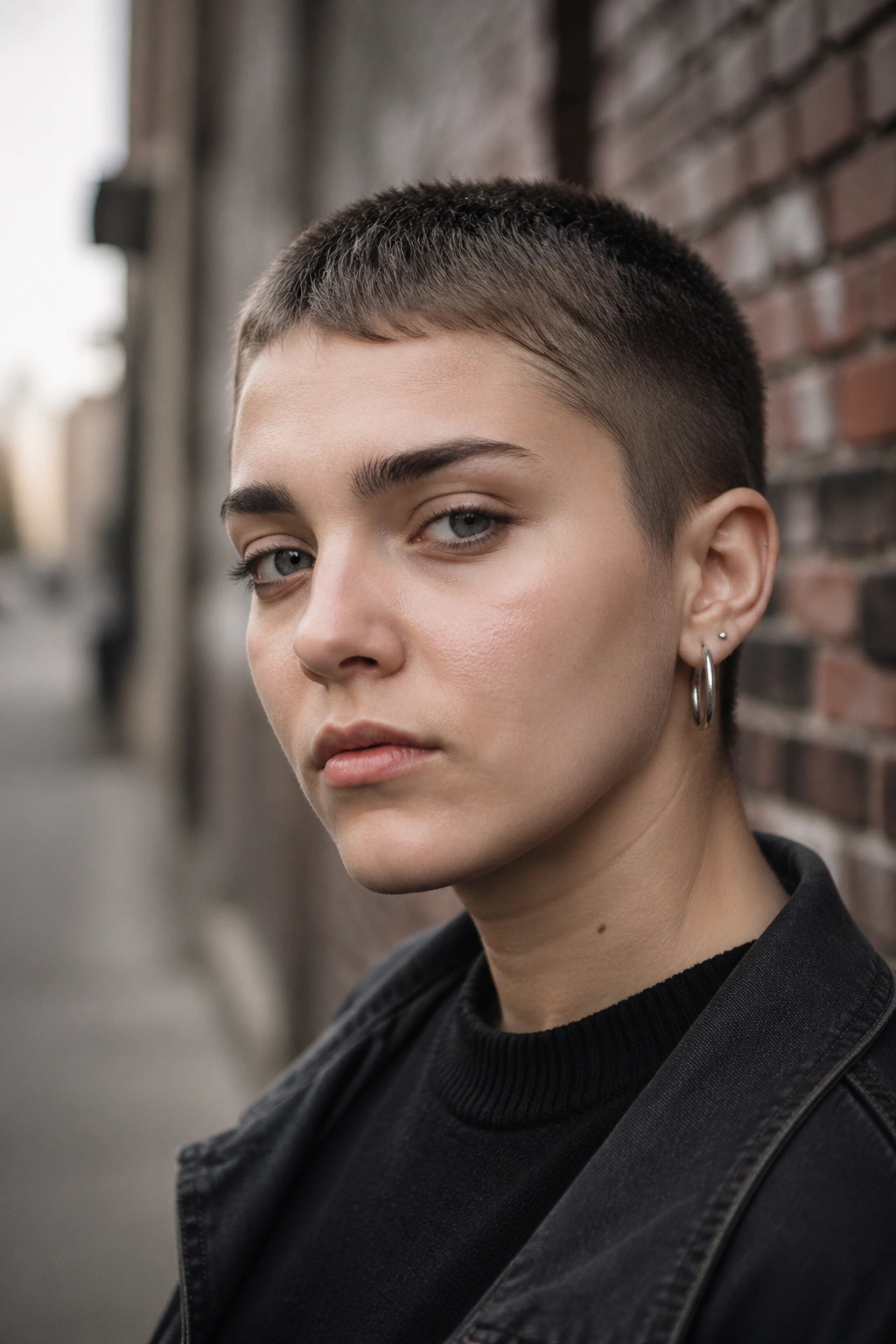 Close-up portrait of real person with grown-out buzz cut on an urban sidewalk