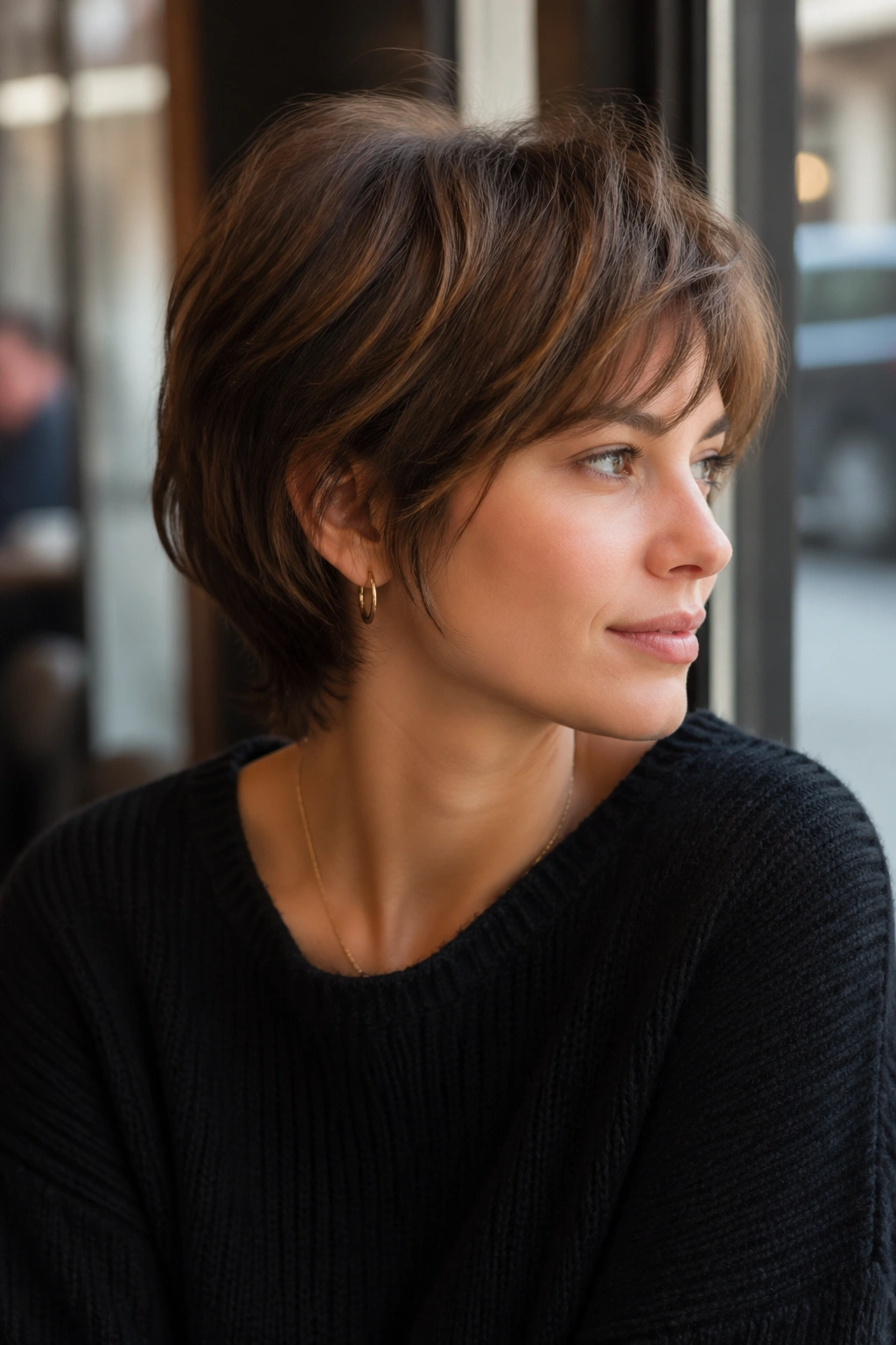 Close-up portrait of a real woman with grown-out pixie bob hairstyle