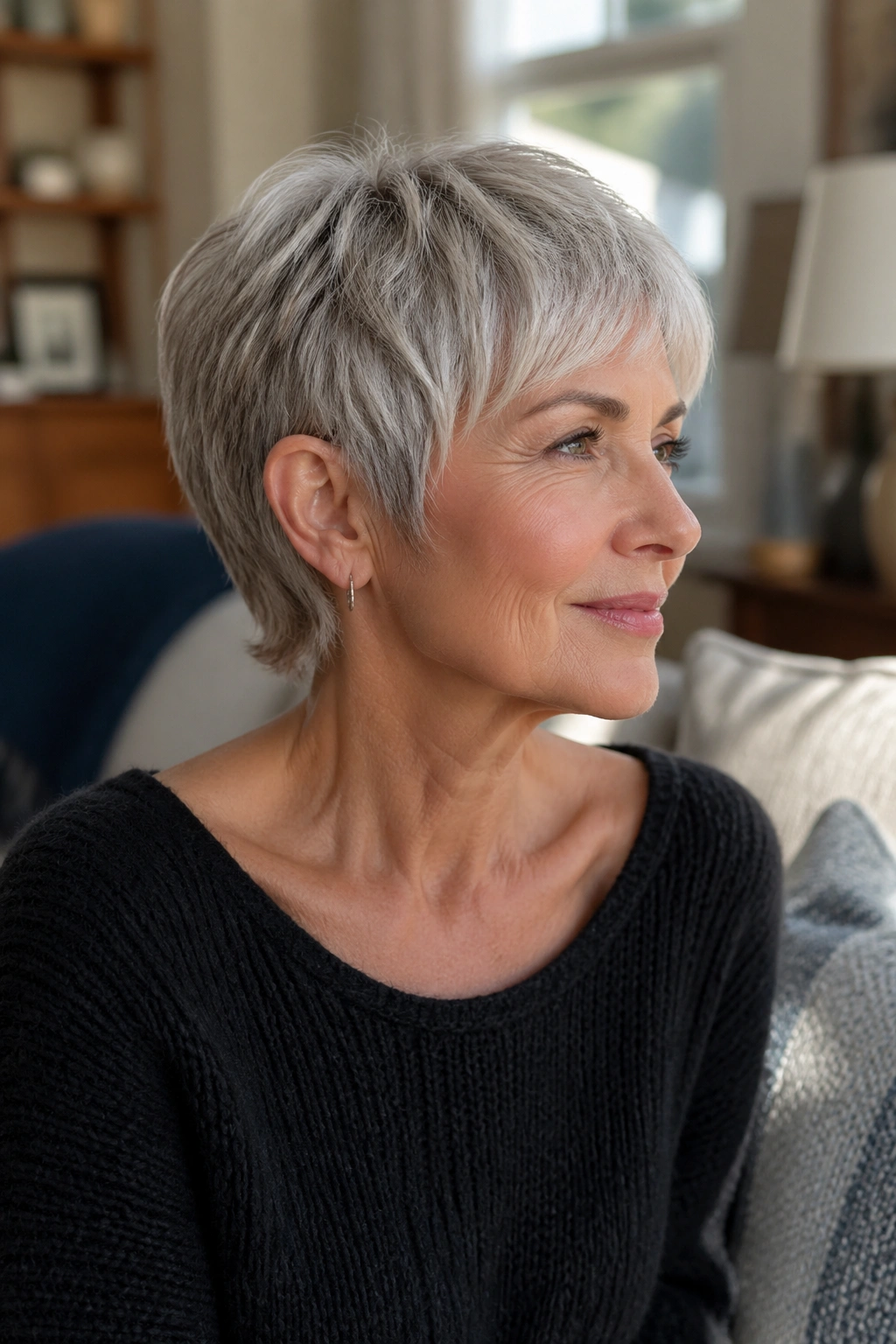 Three-quarter portrait of a real woman with grown-out pixie and soft neck layers in daylight