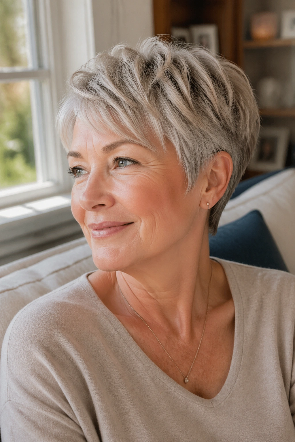 Portrait of a woman with a grown-out pixie hairstyle in a sunlit room