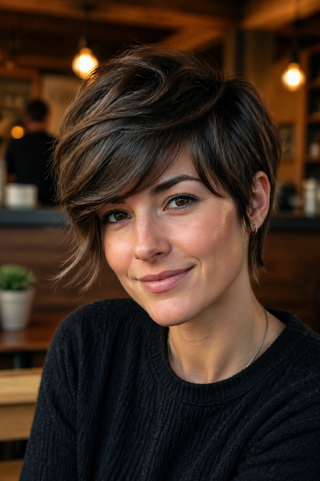 Close-up of a real person with grown-out pixie shag and sweeping fringe