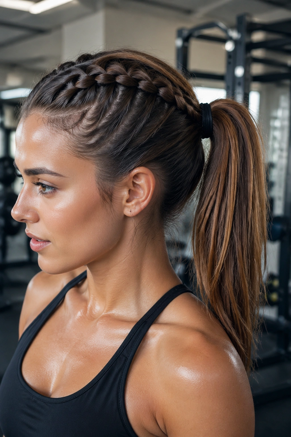 Close-up of real woman with sporty gym French braid ponytail
