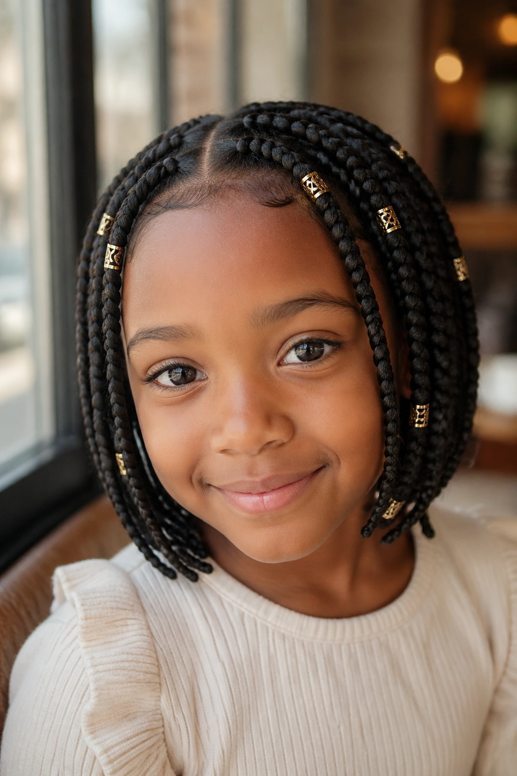 Girl with short box braids and hair cuffs in a cafe setting