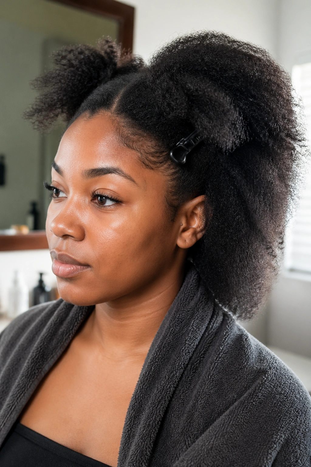 Portrait of a real person with clean detangled natural hair ready for braids