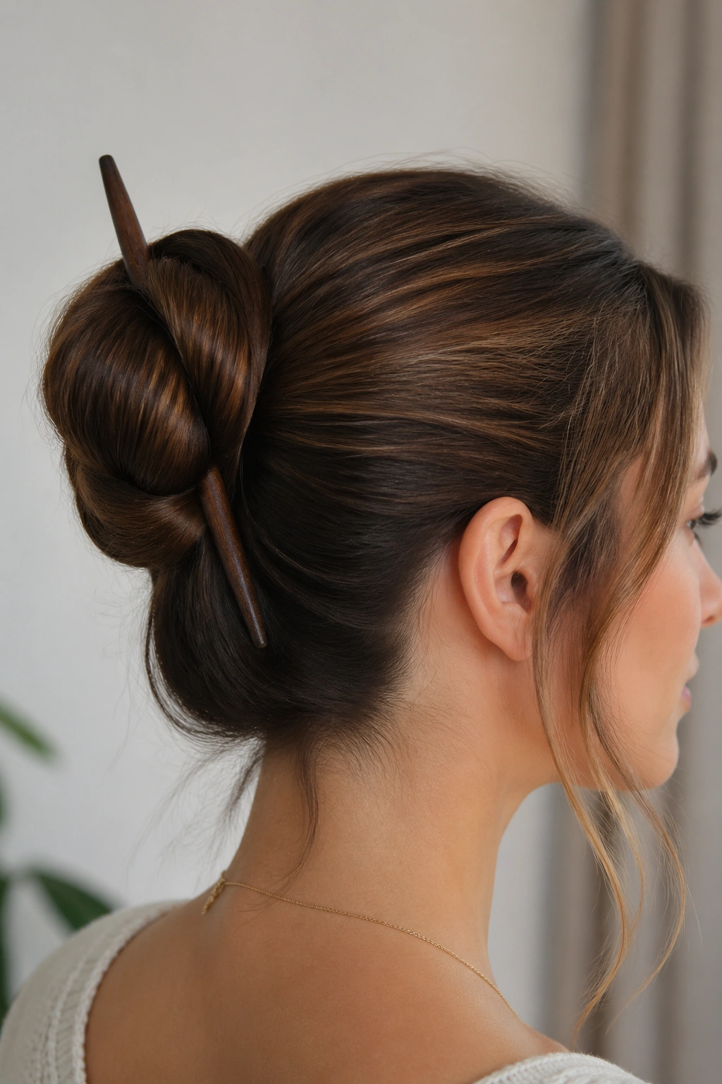 Close-up of a woman wearing a hair-stick bun