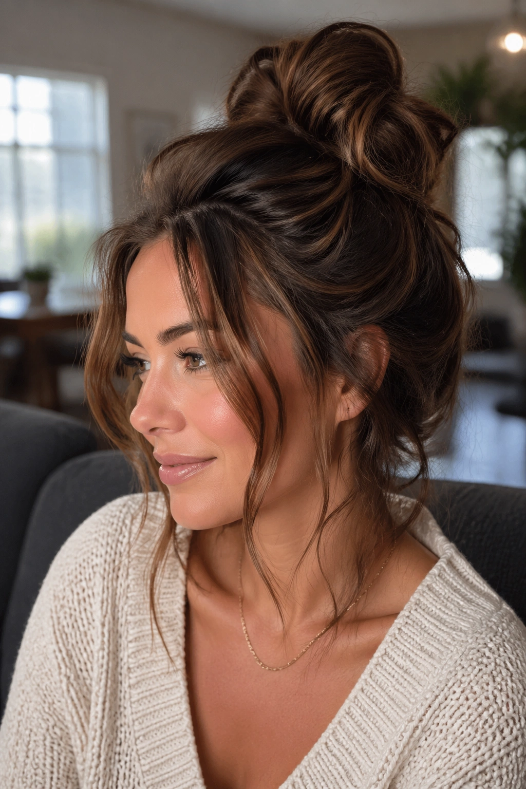 Portrait of a woman with a loose messy bun suitable for medium hair length