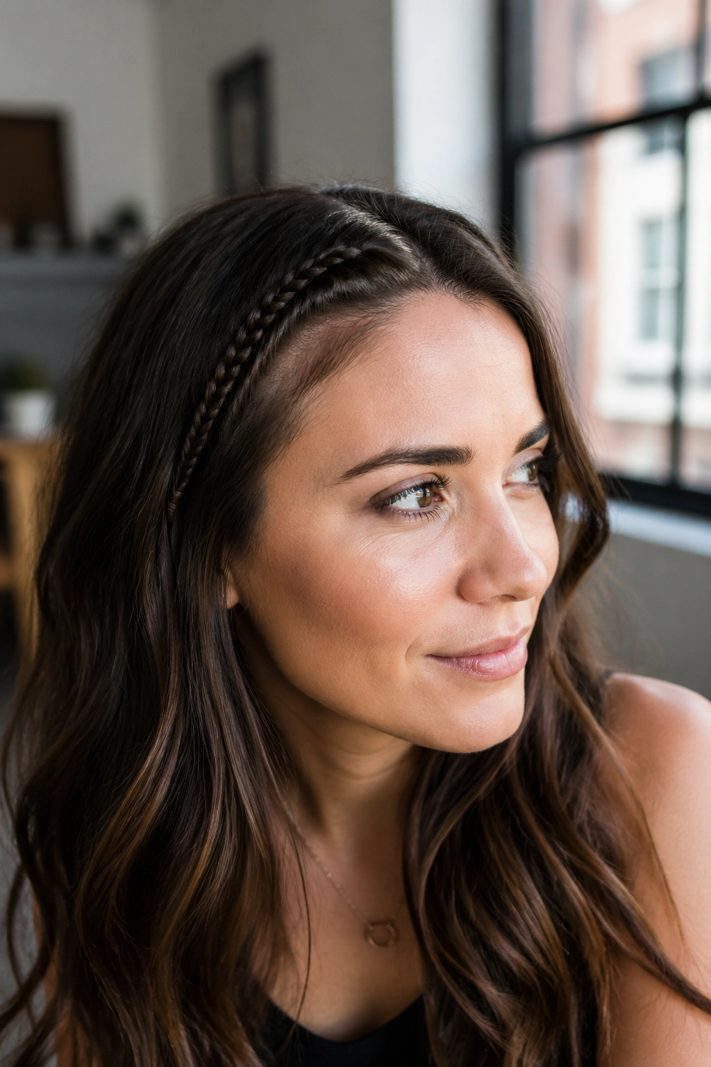 Close-up of a woman with a slim hairline braid along the temple.